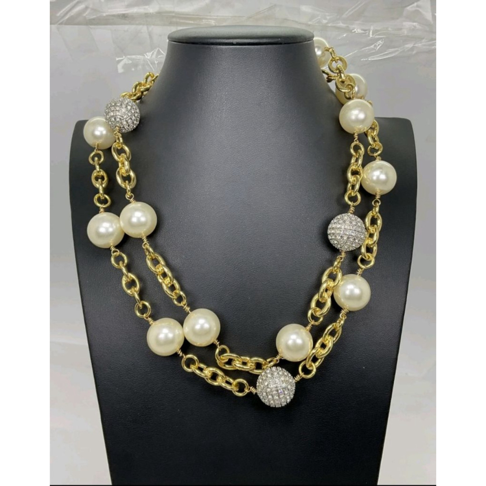 Vintage Graziano Faux Pearl & Rhinestone Long Necklace | 42" | NWOT